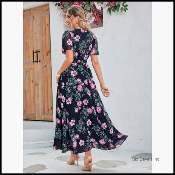 Polyester Boho Floral Maxi Dress V Neck Short Sleeve Wedding Guest Holiday Beach - Picture 2 of 4